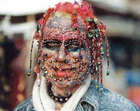 An extreme example of body piercing mutilation and tattooing